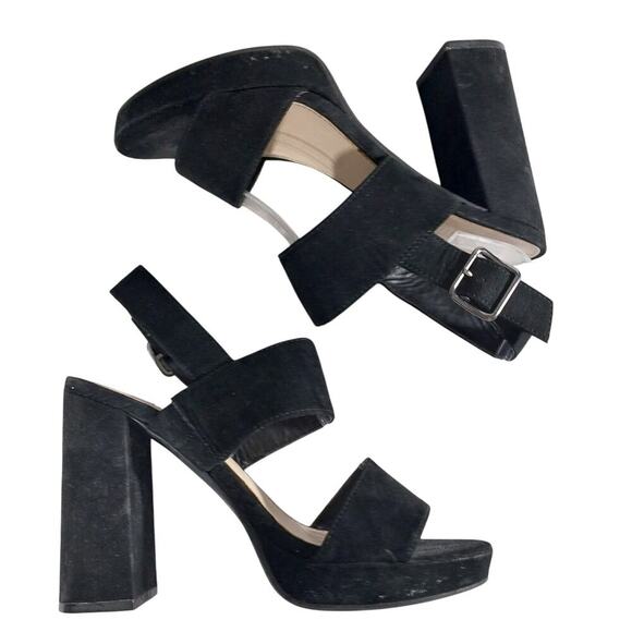 BAR III! BLACK VEGAN SUEDE MICROFIBER CHUNKY HEEL STRAP & BUCKLE SANDALS! SZ 7M - Picture 7 of 11